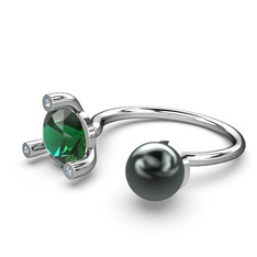 İncili Tektaş Yüzük - Siyah inci, yeşil kuvars ve akuamarin 14 ayar beyaz altın yüzük #1l9vt4d