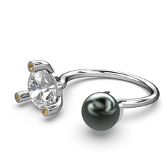 İncili Tektaş Yüzük - Siyah inci, swarovski ve sitrin 8 ayar beyaz altın yüzük #1lbbndd