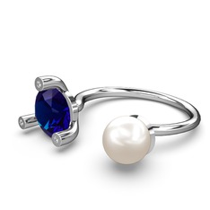 İncili Tektaş Yüzük - Inci, lab safir ve swarovski 14 ayar beyaz altın yüzük #1lploh6