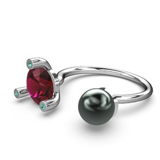 Siyah inci, rodolit garnet ve yeşil kuvars 18 ayar beyaz altın yüzük