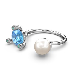 İncili Tektaş Yüzük - Inci, akuamarin ve yeşil kuvars 18 ayar beyaz altın yüzük #1lx6ier