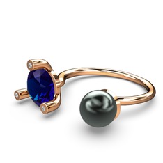 İncili Tektaş Yüzük - Siyah inci, lab safir ve swarovski 8 ayar rose altın yüzük #1lz1fkw