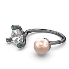İncili Tektaş Yüzük - Pembe inci, swarovski ve yeşil kuvars 925 ayar siyah rodyum kaplama gümüş yüzük #1m2cup1