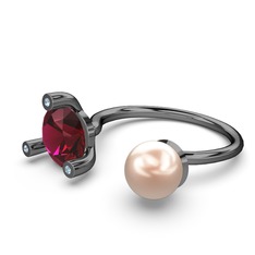 İncili Tektaş Yüzük - Pembe inci, rodolit garnet ve akuamarin 925 ayar siyah rodyum kaplama gümüş yüzük #1mwm695