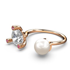 İncili Tektaş Yüzük - Inci, beyaz zirkon ve rodolit garnet 14 ayar rose altın yüzük #1mypkwe