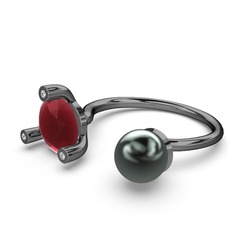 İncili Tektaş Yüzük - Siyah inci, kök yakut ve beyaz zirkon 925 ayar siyah rodyum kaplama gümüş yüzük #1of4657