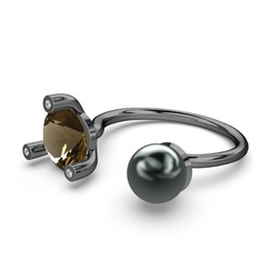 İncili Tektaş Yüzük - Siyah inci, dumanlı kuvars ve beyaz zirkon 925 ayar siyah rodyum kaplama gümüş yüzük #1oimzvs