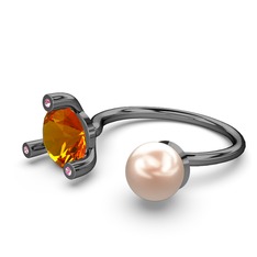 İncili Tektaş Yüzük - Pembe inci, sitrin ve pembe kuvars 925 ayar siyah rodyum kaplama gümüş yüzük #1oj01i0