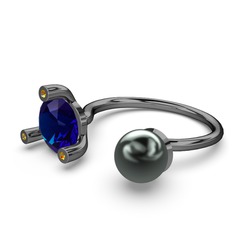 İncili Tektaş Yüzük - Siyah inci, lab safir ve sitrin 925 ayar siyah rodyum kaplama gümüş yüzük #1ouligb