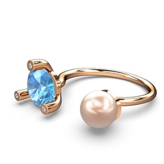 İncili Tektaş Yüzük - Pembe inci, akuamarin ve swarovski 8 ayar rose altın yüzük #1p9bxi7