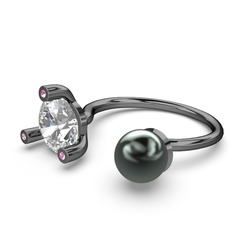 İncili Tektaş Yüzük - Siyah inci, swarovski ve pembe kuvars 925 ayar siyah rodyum kaplama gümüş yüzük #1pmaom2