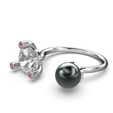 İncili Tektaş Yüzük - Siyah inci, swarovski ve rodolit garnet 8 ayar beyaz altın yüzük #1q4ri3s