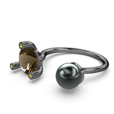 İncili Tektaş Yüzük - Siyah inci, dumanlı kuvars ve peridot 925 ayar siyah rodyum kaplama gümüş yüzük #1qw30yr