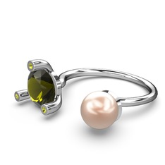 İncili Tektaş Yüzük - Pembe inci ve peridot 18 ayar beyaz altın yüzük #1r8mbxt