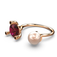 İncili Tektaş Yüzük - Pembe inci, rodolit garnet ve siyah zirkon 18 ayar rose altın yüzük #1rzaf5m