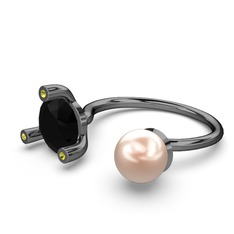 İncili Tektaş Yüzük - Pembe inci, siyah zirkon ve peridot 925 ayar siyah rodyum kaplama gümüş yüzük #1rzc7j5