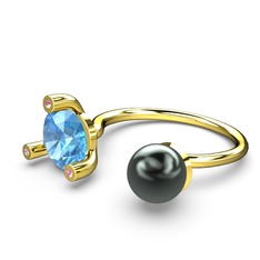 İncili Tektaş Yüzük - Siyah inci, akuamarin ve pembe kuvars 18 ayar altın yüzük #1sdha7s