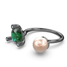 İncili Tektaş Yüzük - Pembe inci, yeşil kuvars ve akuamarin 925 ayar siyah rodyum kaplama gümüş yüzük #1sf6c69