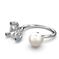 Inci, swarovski ve lab safir 14 ayar beyaz altın yüzük