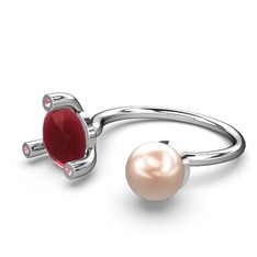 İncili Tektaş Yüzük - Pembe inci, kök yakut ve pembe kuvars 18 ayar beyaz altın yüzük #1sm7y4u