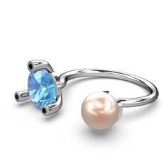 İncili Tektaş Yüzük - Pembe inci, akuamarin ve siyah zirkon 14 ayar beyaz altın yüzük #1swtsri