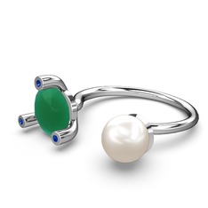 İncili Tektaş Yüzük - Inci, kök zümrüt ve lab safir 14 ayar beyaz altın yüzük #1tcheu2