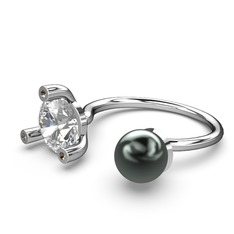 İncili Tektaş Yüzük - Siyah inci, swarovski ve dumanlı kuvars 8 ayar beyaz altın yüzük #1tlhof7