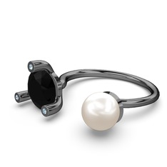 İncili Tektaş Yüzük - Inci, siyah zirkon ve akuamarin 925 ayar siyah rodyum kaplama gümüş yüzük #1tpx06f