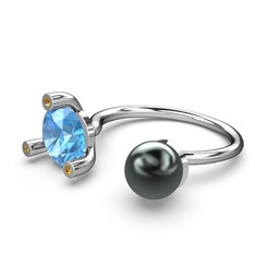 İncili Tektaş Yüzük - Siyah inci, akuamarin ve sitrin 14 ayar beyaz altın yüzük #1ux5mfs