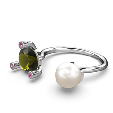 İncili Tektaş Yüzük - Inci, peridot ve rodolit garnet 18 ayar beyaz altın yüzük #1voalji