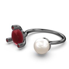 İncili Tektaş Yüzük - Inci, kök yakut ve garnet 925 ayar siyah rodyum kaplama gümüş yüzük #1voubo0