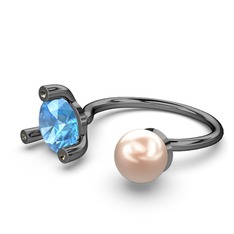 İncili Tektaş Yüzük - Pembe inci, akuamarin ve dumanlı kuvars 925 ayar siyah rodyum kaplama gümüş yüzük #1w4qk9y