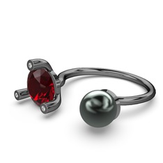 İncili Tektaş Yüzük - Siyah inci, garnet ve pırlanta 925 ayar siyah rodyum kaplama gümüş yüzük (0.024 karat) #1w898q3