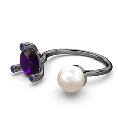 İncili Tektaş Yüzük - Inci, ametist ve lab safir 925 ayar siyah rodyum kaplama gümüş yüzük #1wc33e7