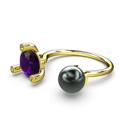 İncili Tektaş Yüzük - Siyah inci, ametist ve peridot 925 ayar altın kaplama gümüş yüzük #1wh26rz