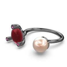 İncili Tektaş Yüzük - Pembe inci, kök yakut ve rodolit garnet 925 ayar siyah rodyum kaplama gümüş yüzük #1xab0ra