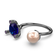 İncili Tektaş Yüzük - Pembe inci, lab safir ve ametist 925 ayar siyah rodyum kaplama gümüş yüzük #1xpebl2