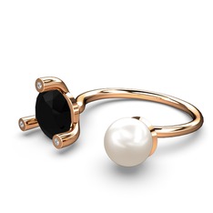 İncili Tektaş Yüzük - Inci, siyah zirkon ve swarovski 18 ayar rose altın yüzük #1y6y092