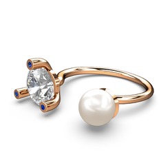 İncili Tektaş Yüzük - Inci, swarovski ve lab safir 8 ayar rose altın yüzük #1yxblei