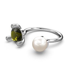 İncili Tektaş Yüzük - Inci, peridot ve swarovski 14 ayar beyaz altın yüzük #2rb1b6