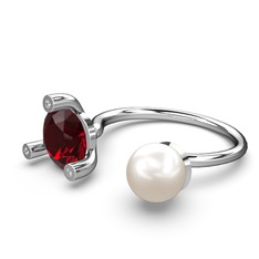 İncili Tektaş Yüzük - Inci, garnet ve pırlanta 18 ayar beyaz altın yüzük (0.024 karat) #2u9h8f