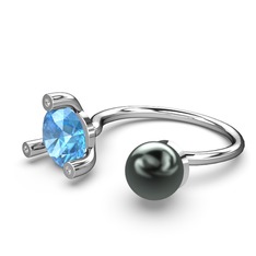 İncili Tektaş Yüzük - Siyah inci, akuamarin ve swarovski 8 ayar beyaz altın yüzük #31i9t3