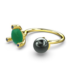 İncili Tektaş Yüzük - Siyah inci, kök zümrüt ve lab safir 18 ayar altın yüzük #3ohfkf