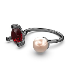 İncili Tektaş Yüzük - Pembe inci, garnet ve siyah zirkon 925 ayar siyah rodyum kaplama gümüş yüzük #3r8suw