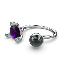 İncili Tektaş Yüzük - Siyah inci, ametist ve yeşil kuvars 8 ayar beyaz altın yüzük #42kw6g