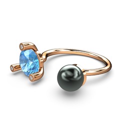 İncili Tektaş Yüzük - Siyah inci, akuamarin ve pırlanta 925 ayar rose altın kaplama gümüş yüzük (0.024 karat) #4ey3n9