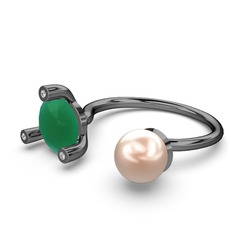 İncili Tektaş Yüzük - Pembe inci, kök zümrüt ve swarovski 925 ayar siyah rodyum kaplama gümüş yüzük #4nuqxd