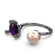 İncili Tektaş Yüzük - Pembe inci, ametist ve sitrin 925 ayar siyah rodyum kaplama gümüş yüzük #4ujwyk