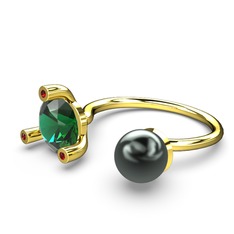 İncili Tektaş Yüzük - Siyah inci, yeşil kuvars ve garnet 14 ayar altın yüzük #5wf2r