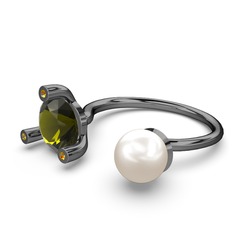 İncili Tektaş Yüzük - Inci, peridot ve sitrin 925 ayar siyah rodyum kaplama gümüş yüzük #5zdc4a